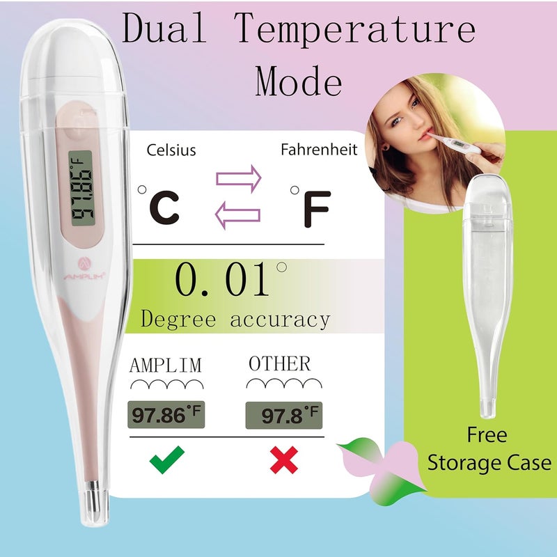 Amplim Digital Basal Thermometer, Medical Grade Accurate BBT for Ovulation Tracking, 1/100th Degree High Precision Fertility Prediction, 60-Sec Read, Memory Recall, Flexible Waterproof Tip – Pink - Image 4